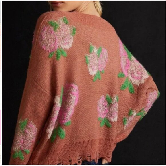 Anthropologie Rose Drop-Shoulder V-Neck Sweater, SIZE L - Picture 7 of 8